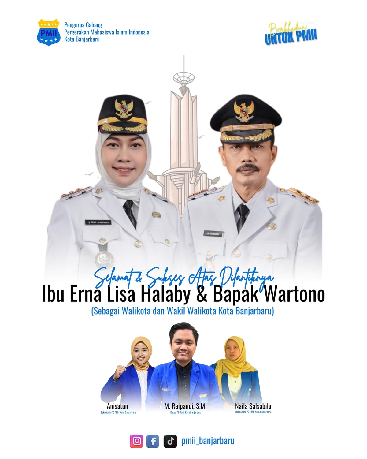 PMII Banjarbaru Ucapkan Selamat Dilantiknya Hj. Erna Lisa Halaby dan Wartono Sebagai Wali Kota dan Wakil Wali Kota Banjarbaru