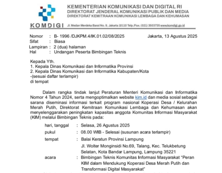 Kementrian Komdigi Akan Selenggarakan Bimtek Komunitas Informasi Masyarakat (KIM) di Lampung