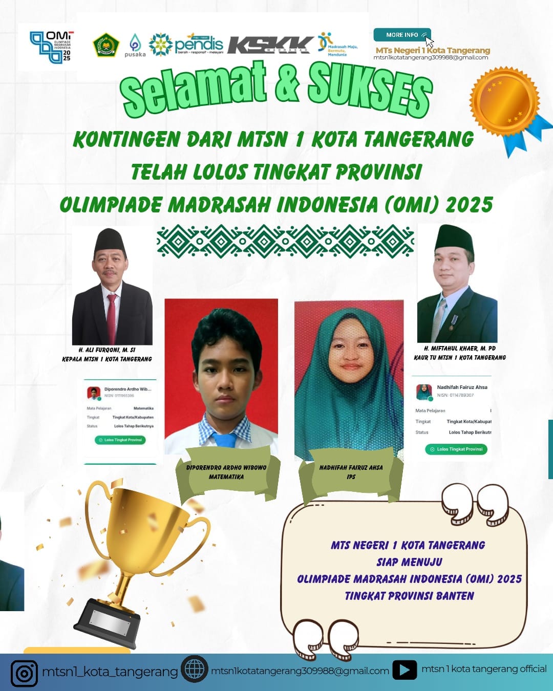 MTsN 1 Kota Tangerang Antar Dua Siswa Lolos OMI 2025 Tingkat Provinsi