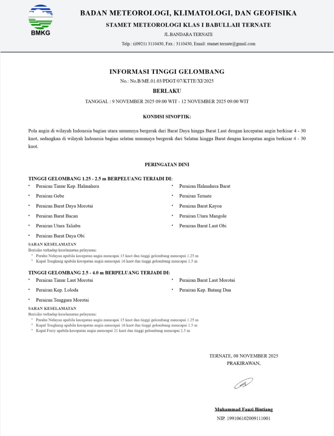 BMKG Ternate Keluarkan Peringatan Dini Waspada Gelombang Tinggi di Perairan Maluku Utara