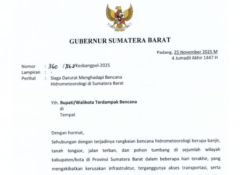 Gubernur Sumbar Surati Bupati/Walikota Daerah Terdampak untuk Percepatan Penanganan Bencana