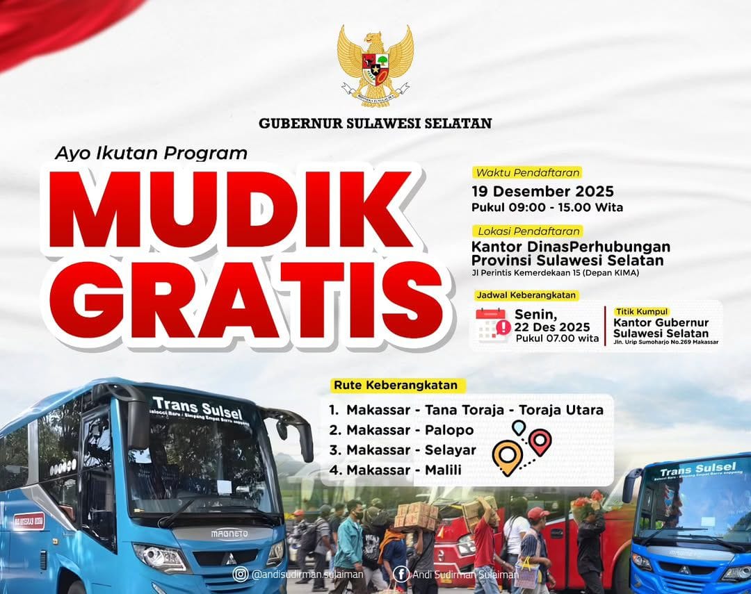 Program Mudik Gratis Nataru, Pemprov Sulsel Siapkan 7 Armada Bus
