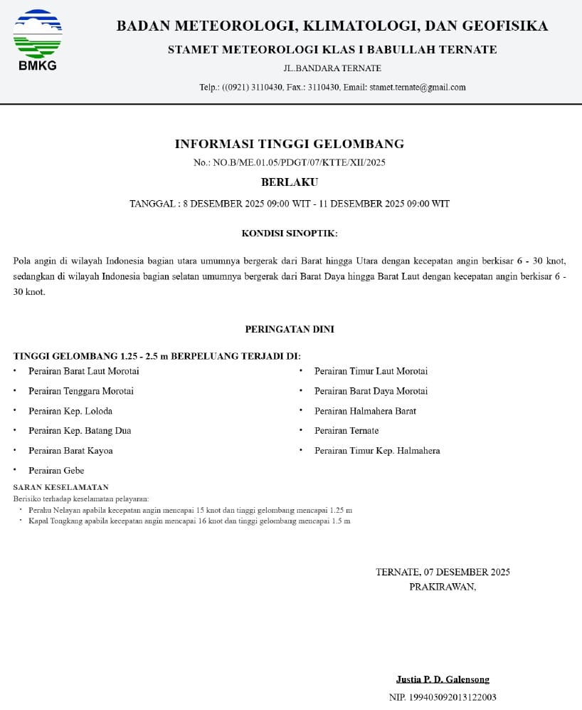 BMKG Keluarkan Peringatan Gelombang Tinggi di Perairan Maluku Utara