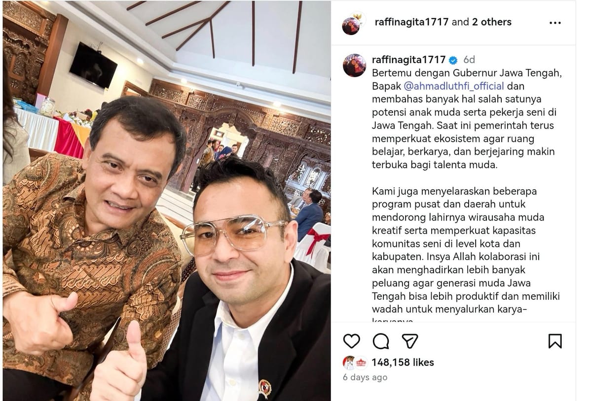 Pertemuan Raffi Ahmad Dengan Gubernur AHmad Luthfi Bocorkan Program Untuk Anak Muda Jateng