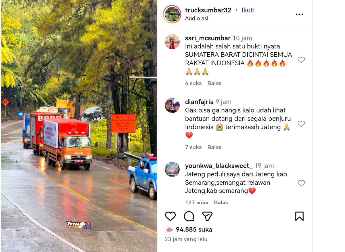 Komentar Netizen Saat Rombongan Truk Bansos Jateng Melintasi Sitinjau Lauik