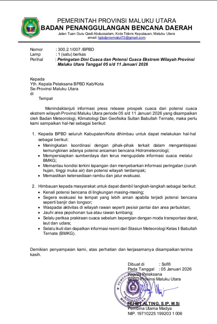 BPBD Maluku Utara Surati Kabupaten/Kota Antisipasi Kondisi Cuaca Ekstrem