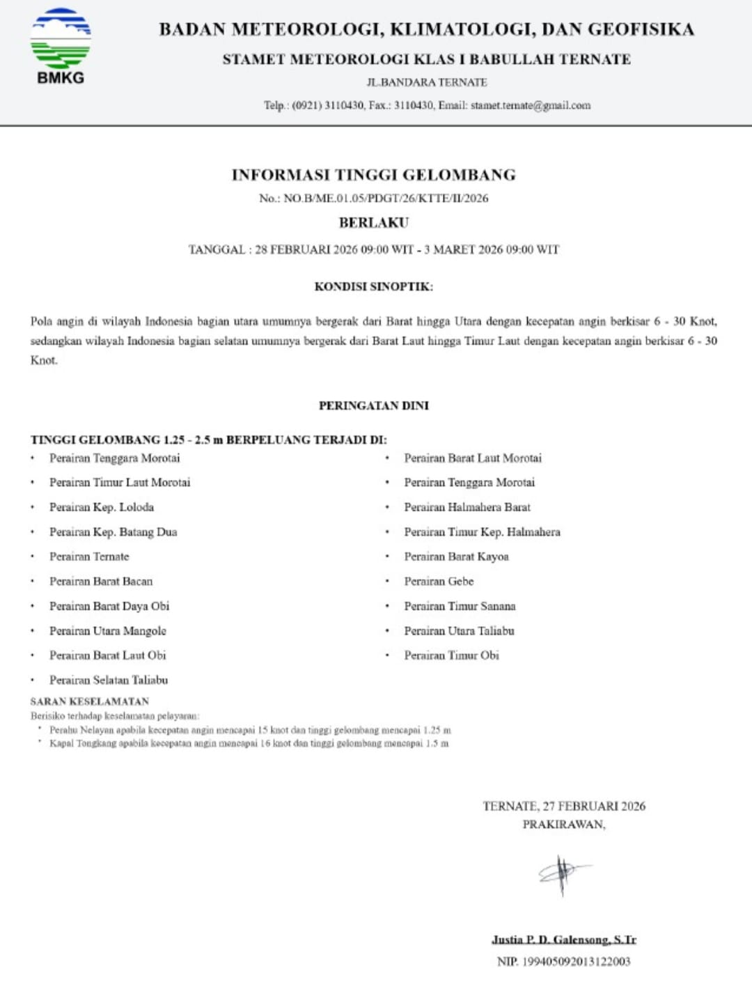 BMKG Keluarkan Peringatan Dini Gelombang Tinggi di Perairan Maluku Utara