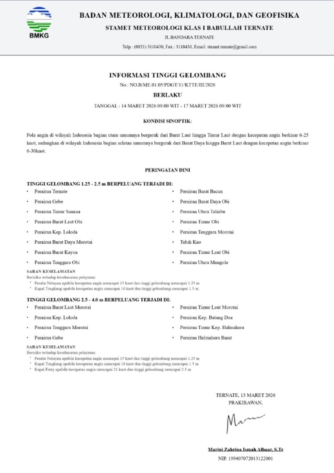 BMKG Keluarkan Peringatan Dini Gelombang Tinggi Masih Menghantui Perairan Maluku Utara
