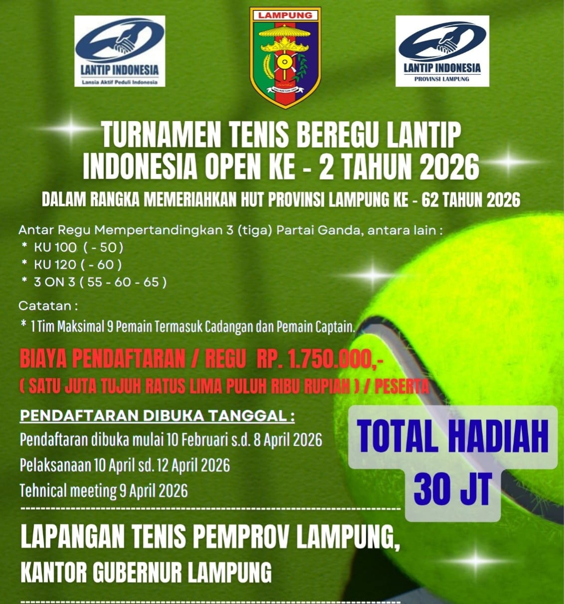 Diikuti 10 Tim, Turnamen Tenis Lantip Indonesia Open Ke 2 Tahun 2026, Akan Dibuka Ketum Lantip Indonesia Pusat