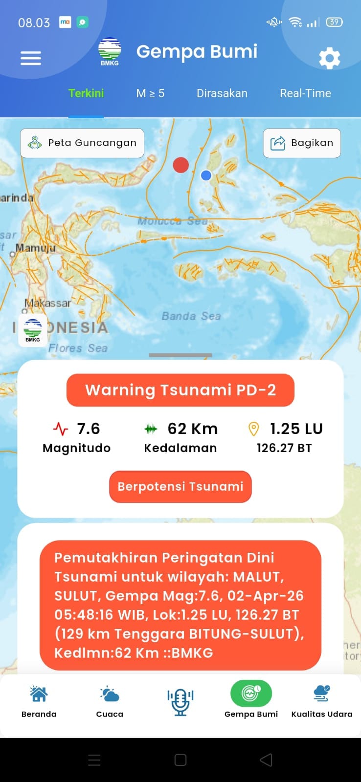 Gempa Magnitudo 7,6 Guncang Maluku Utara, Berpotensi Tsunami