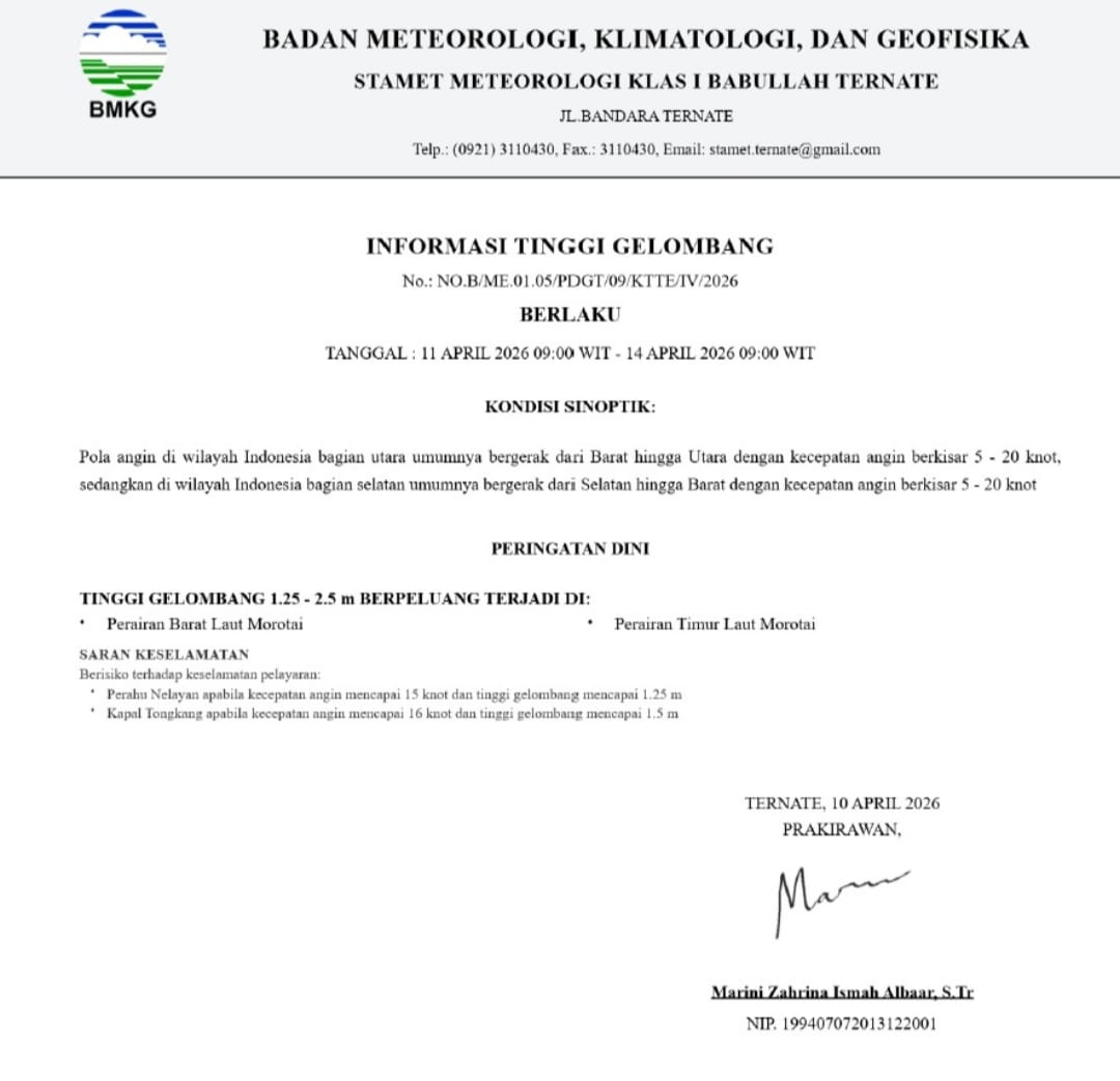 BMKG Ternate Keluarkan Peringatan Dini Gelombang Tinggi di Perairan Maluku Utara