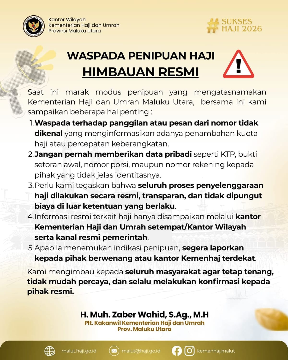 Kanwil Kemenhaj Malut Imbau Masyarakat Hati-Hati Modus Penipuan Atas Nama Kemenhaj