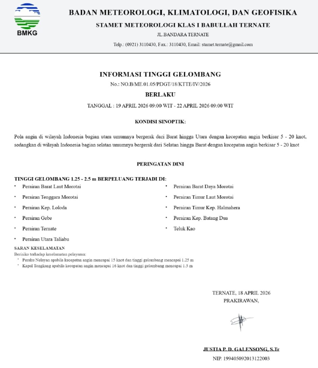 Peringatan Dini Gelombang Tinggi  di Perairan Maluku Utara, BMKG Ingatkan Risiko Kecelakaan Laut