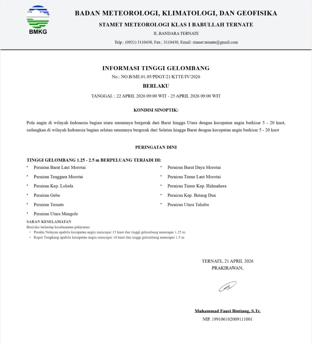 Sejumlah Perairan di Maluku Utara Masih Terjadi Gelombang Tinggi, BMKG Keluarkan Peringatan Dini