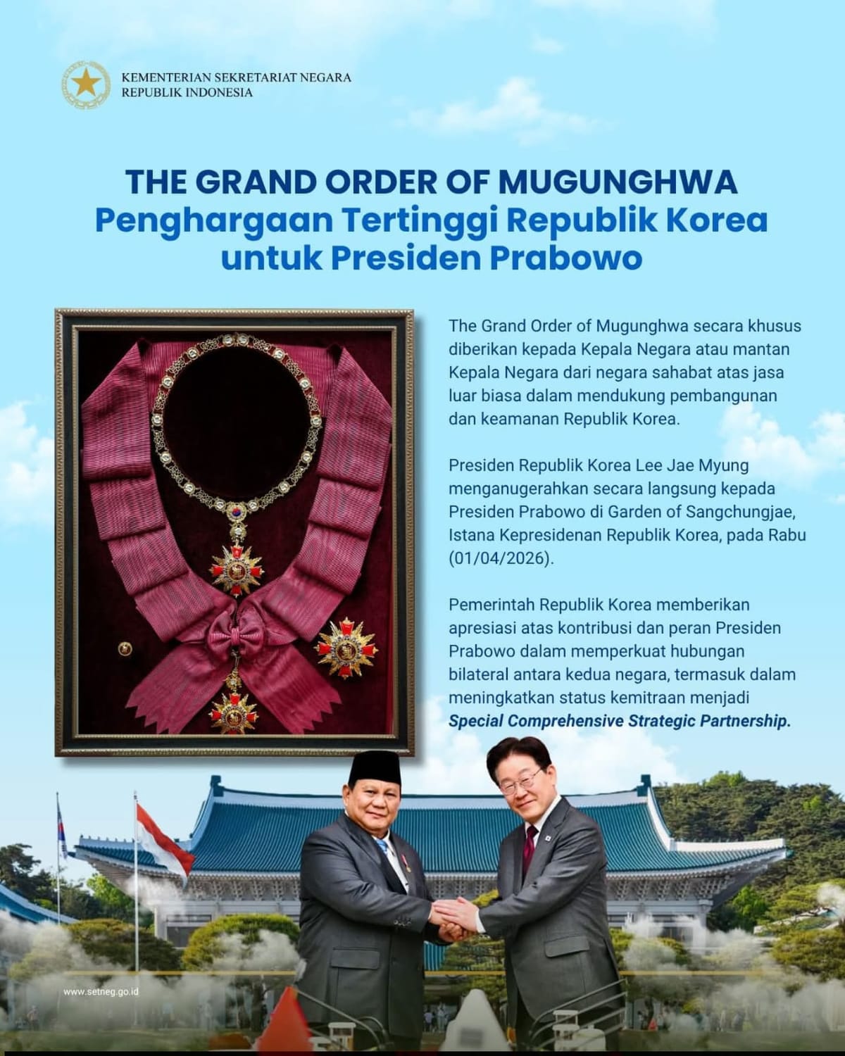 Presiden Prabowo Subianto Terima Penghargaan Kehormatan Tertinggi dari Pemerintah Republik Korea