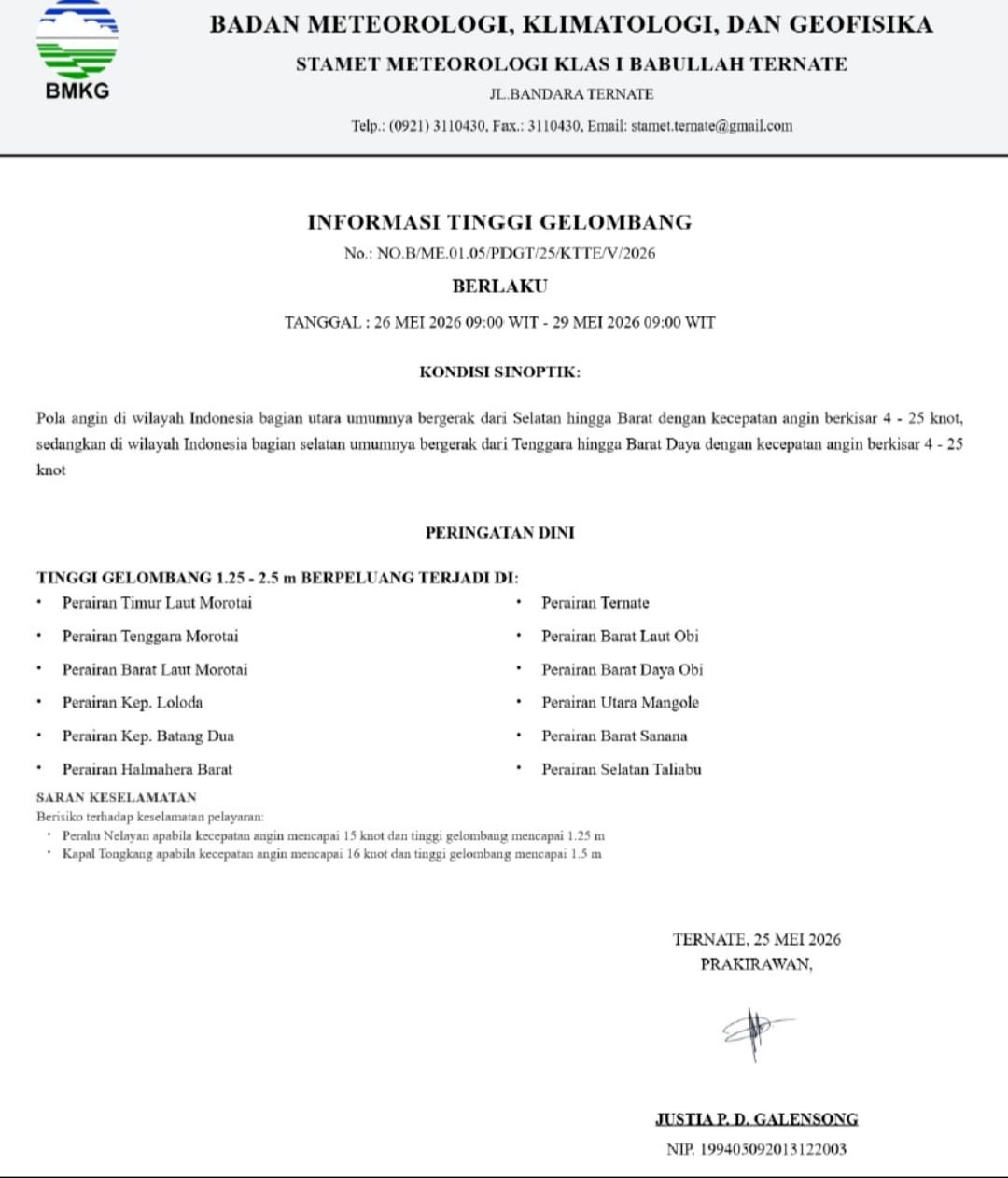 Sejumlah Perairan di Maluku Utara Masih Terjadi Gelombang Tinggi, BMKG Keluarkan Peringatan Dini