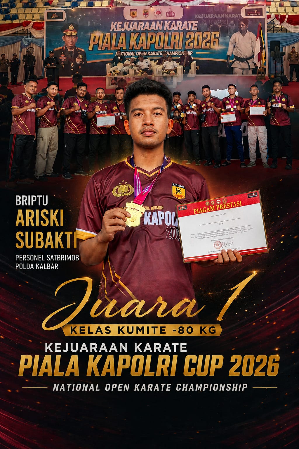 Briptu Ariski Subakti atlet Brimob Kalbar Sabet Emas kejurnas  Karate  Kapolri Cup 2026