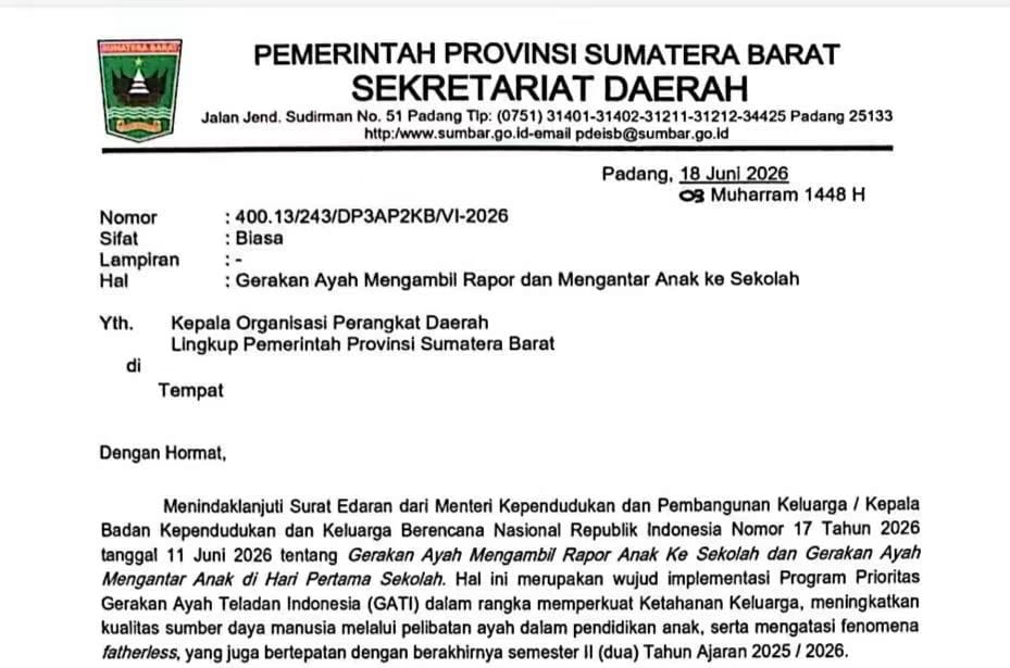Gerakan Ayah Mengantar Anak ke Sekolah Digulirkan, Sekdaprov Sumbar Ajak ASN Jadi Teladan dalam Pengasuhan