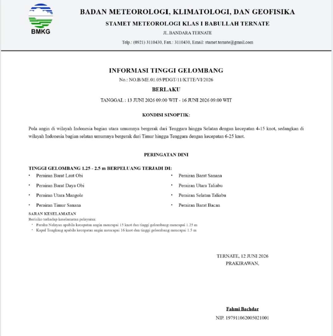 BMKG Keluarkan Peringatan Dini Beberapa Perairan di Maluku Utara Masih Terjadi Gelombang Tinggi