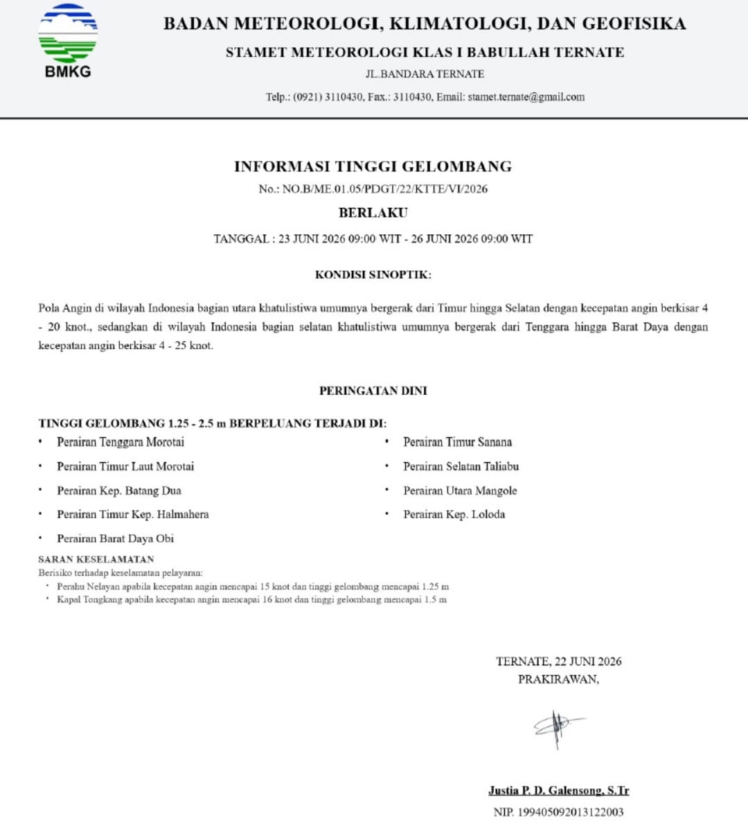BMKG Keluarkan Peringatan Dini Gelombang Tinggi di Perairan Maluku Utara, Pelaut Diminta Tunda Pelayaran Jika Cuaca Memburuk