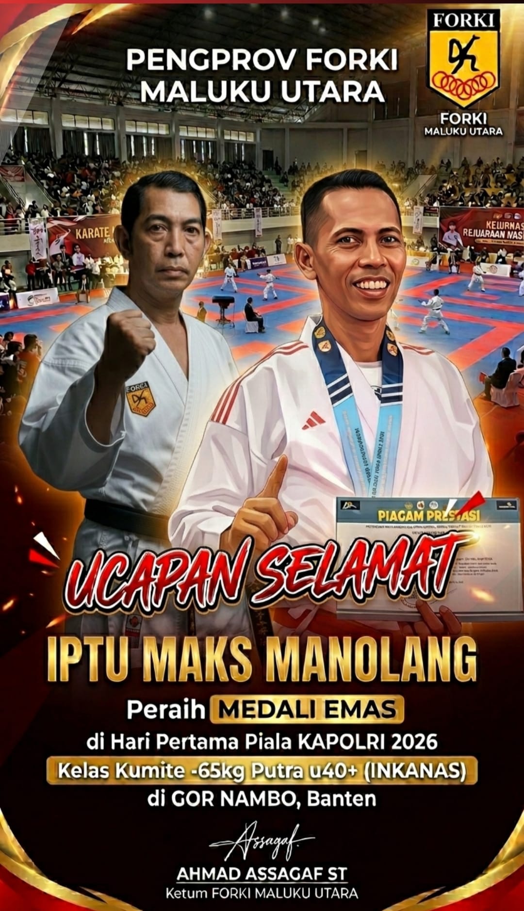 Ketum FORKI Malut Berikan Apresiasi Karateka Raih Emas di Kejuaraan Karate Piala Kapolri