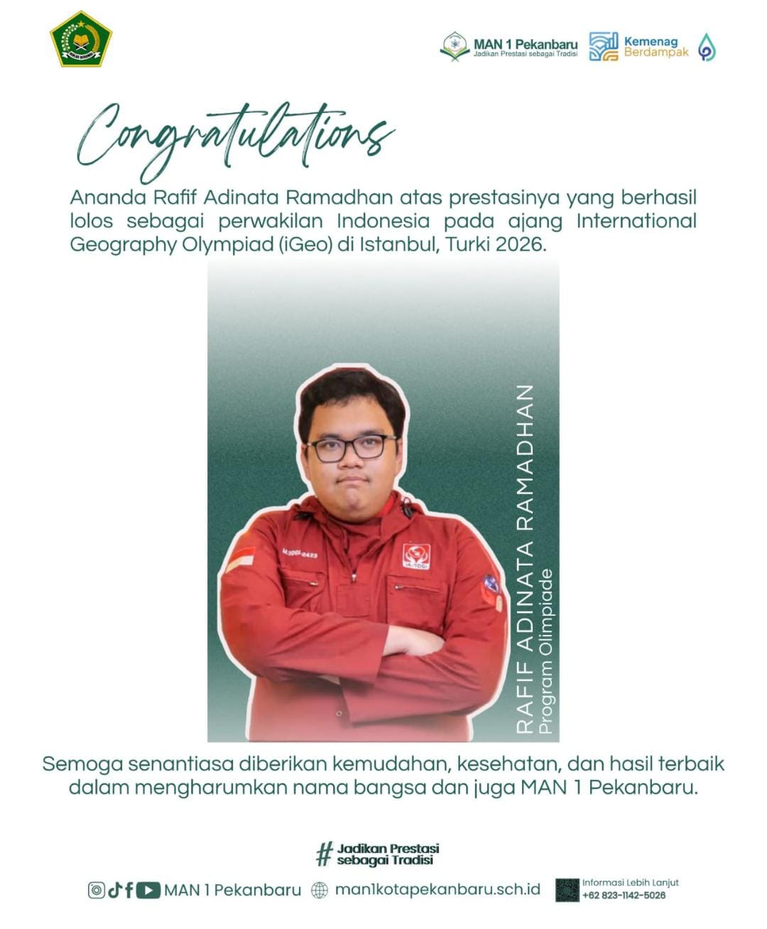 Murid MAN 1 Pekanbaru Wakili Indonesia pada Olimpiade Geografi Dunia di Turki