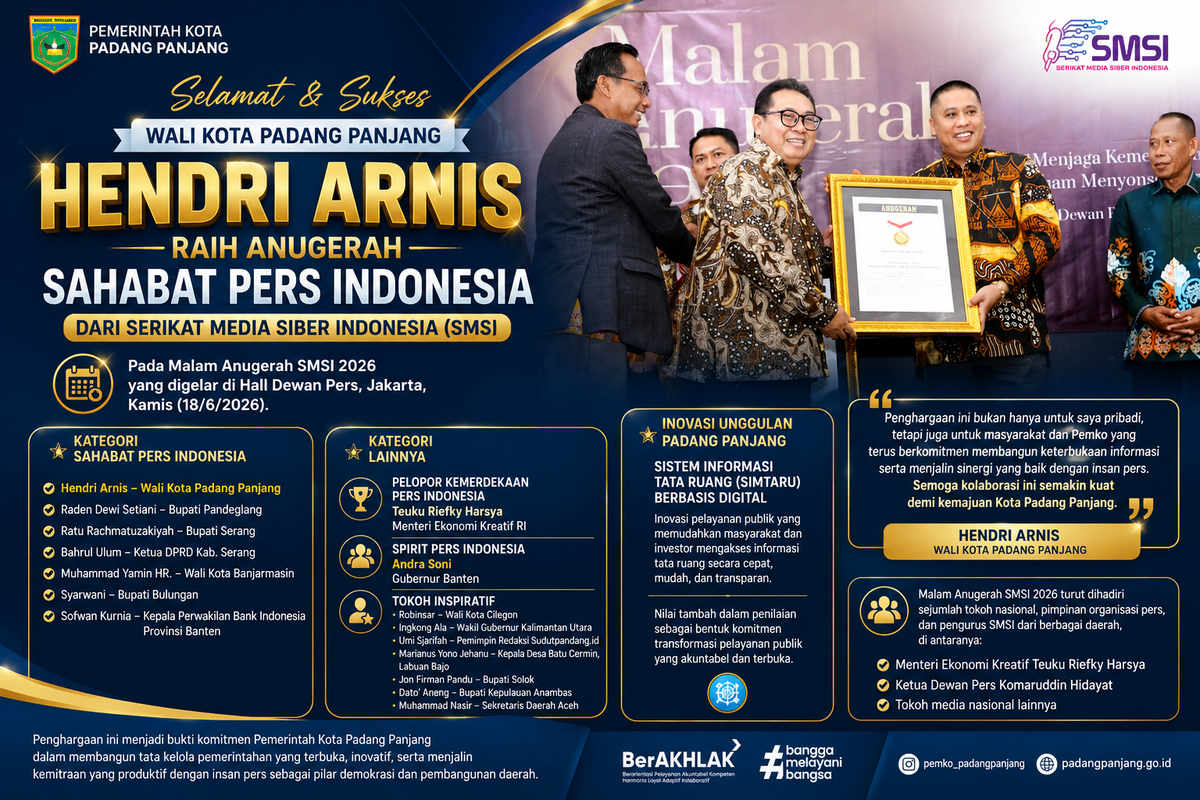 Wali Kota Padang Panjang Hendri Arnis Raih Anugerah Sahabat Pers Indonesia dari SMSI