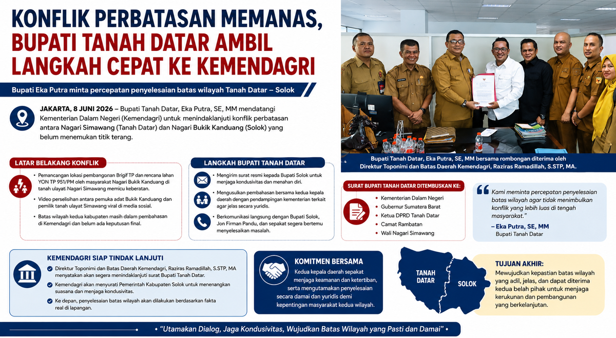 Konflik Perbatasan Tanah Datar–Solok Memanas, Bupati Eka Putra Datangi Kemendagri Minta Penyelesaian Segera