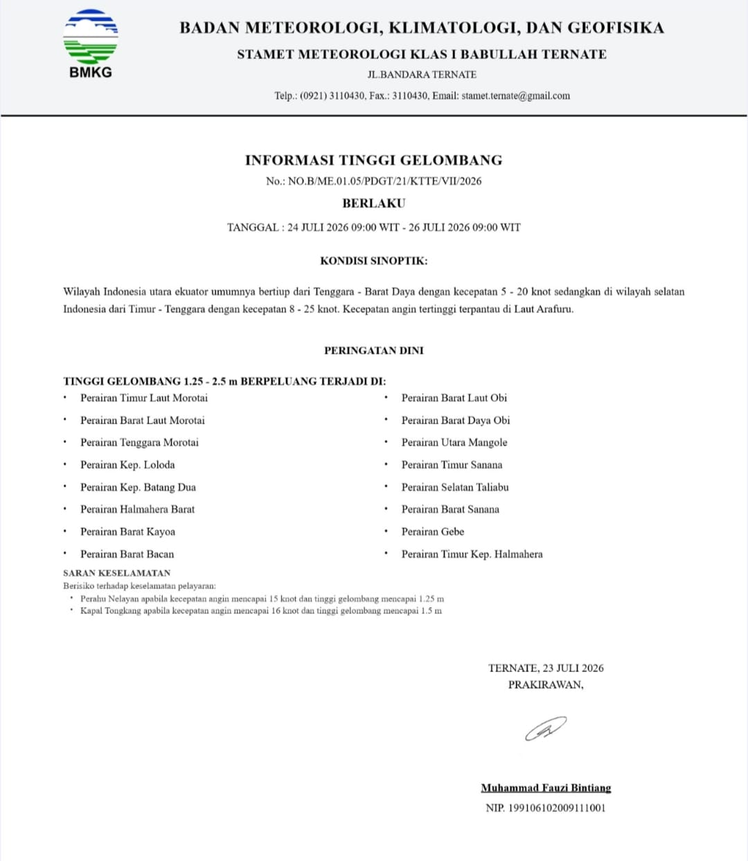 BMKG Keluarkan Peringatan Dini Gelombang Tinggi Terjadi di Sejumlah Perairan Maluku Utara