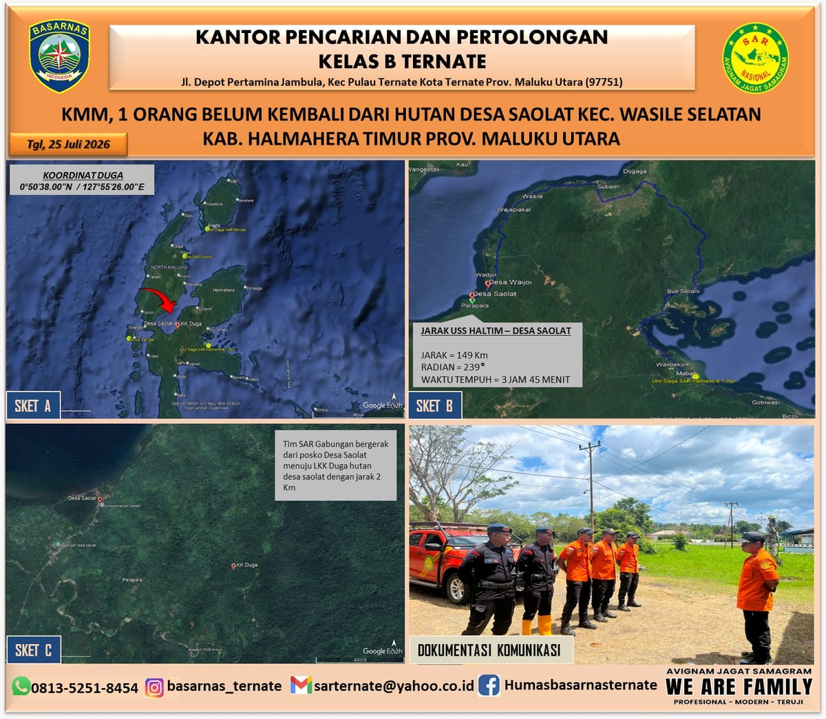 Tim SAR Gabungan Lakukan Pencarian Warga Haltim yang Hilang Saat Mencari Kayu Gaharu di Hutan Saolat