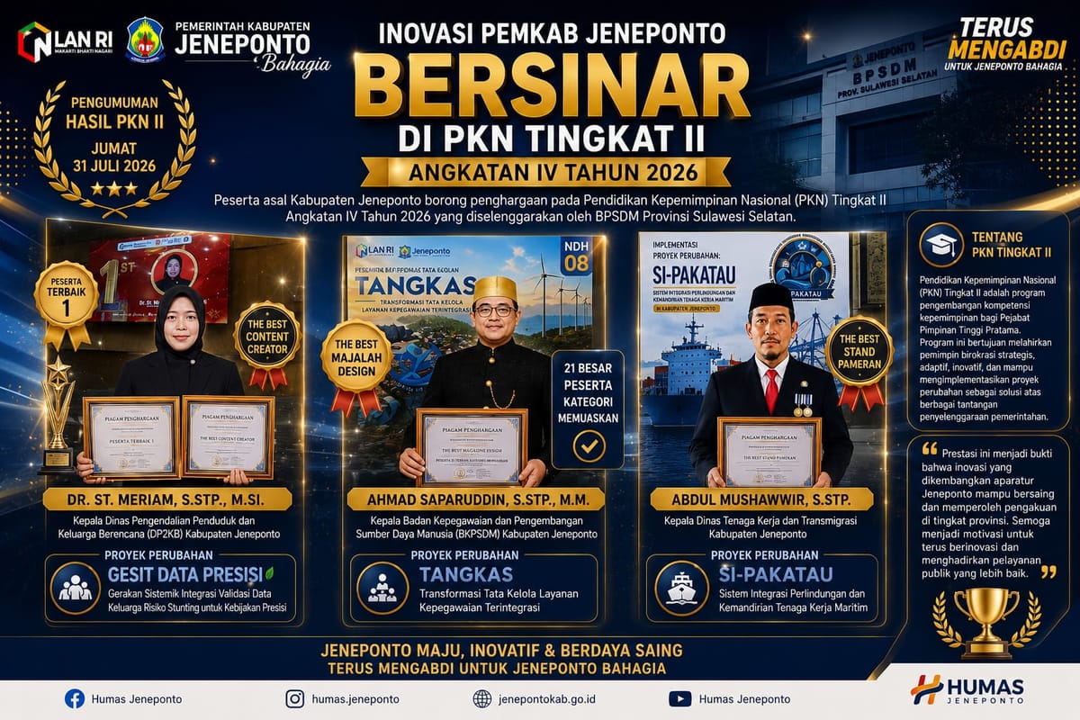 Wakil Pemkab Jeneponto, Bersinar di PKN Tingkat II, Dr.St.Meriam Raih Predikat Peserta Terbaik
