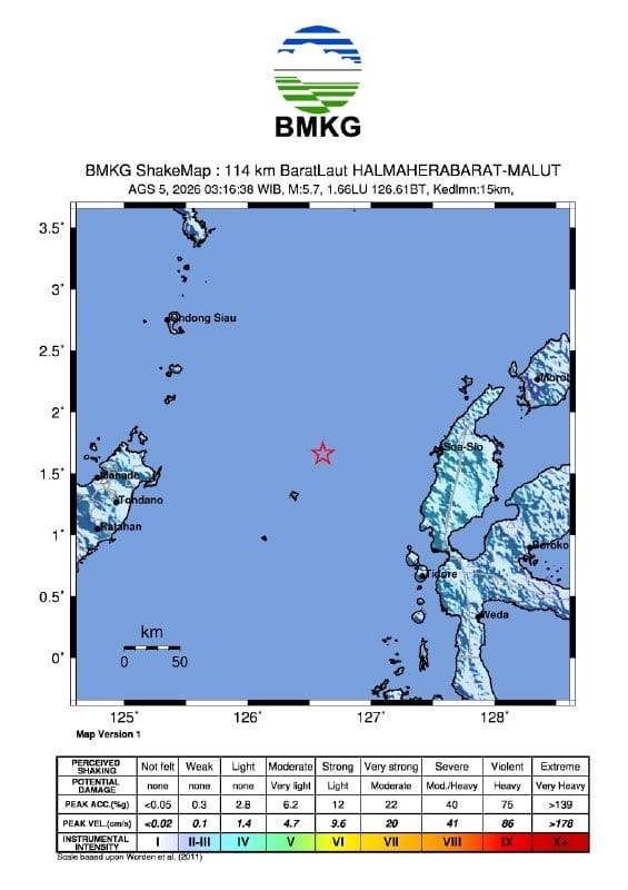 Gempa Bumi Tektonik M 5,7 Guncang Halmahera Barat Maluku Utara Tidak Berpotensi Tsunami