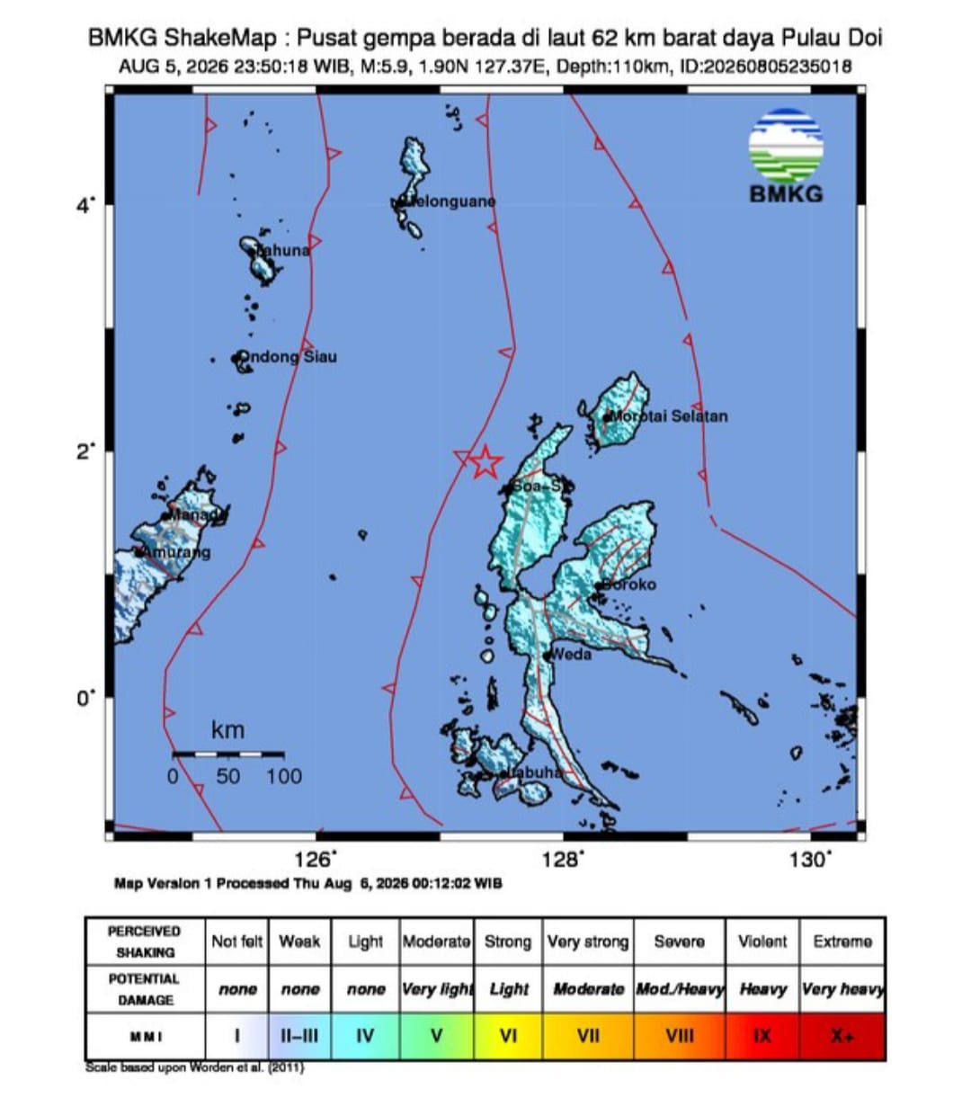 Gempa Bumi Tektonik M 5,9 Guncang Halmahera Barat Tidak Berpotensi Tsunami