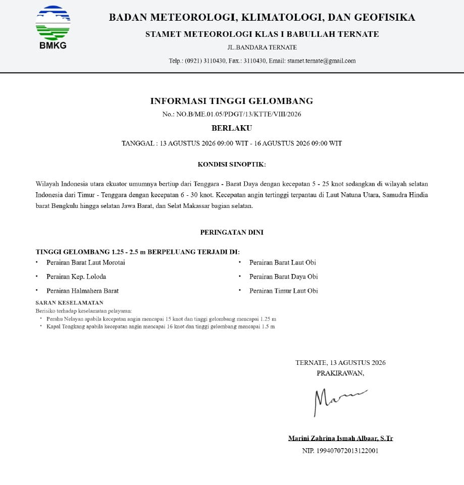 Gelombang Tinggi 1,25 - 2,5 Meter dan Angin Kencang Masih Mengancam Sejumlah Perairan di Maluku Utara
