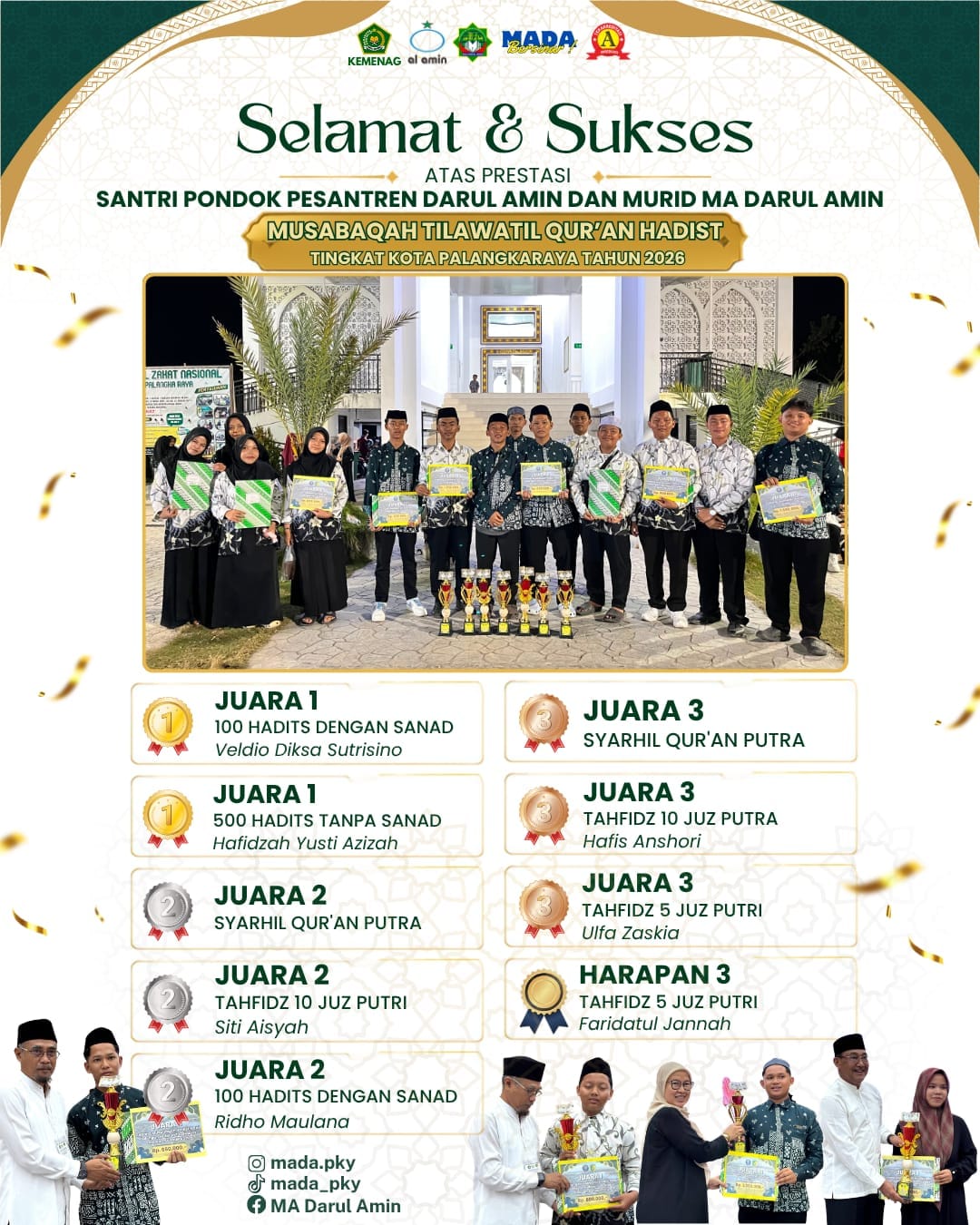 Ketekunan Berbuah Prestasi, Murid dan Guru MA Darul Amin Bersinar di MTQH XLV Palangka Raya