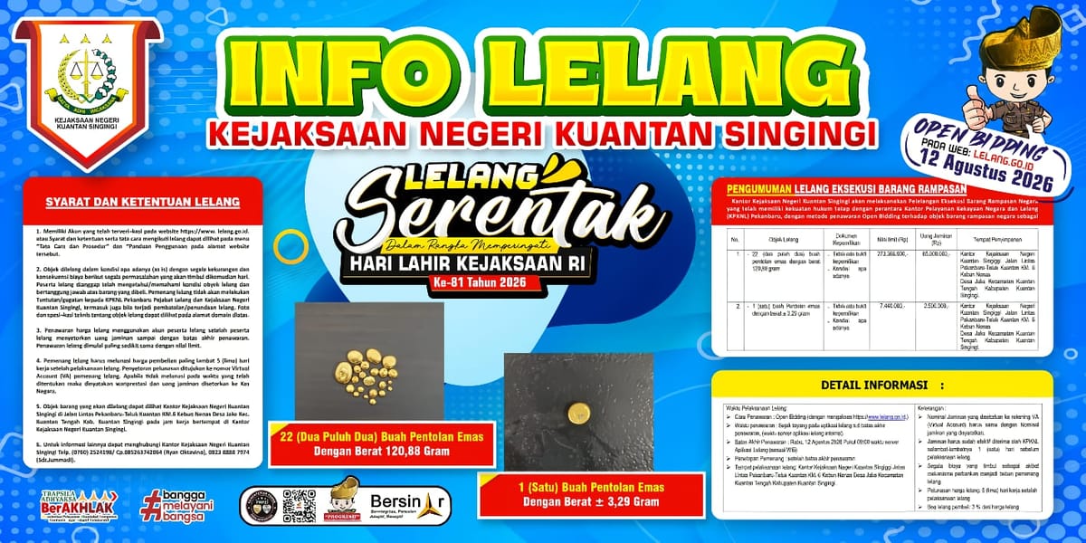 Kejari Kuansing Gelar Lelang Serentak Barang Rampasan Negara Tawarkan Emas Senilai Rp286 Juta Lebih