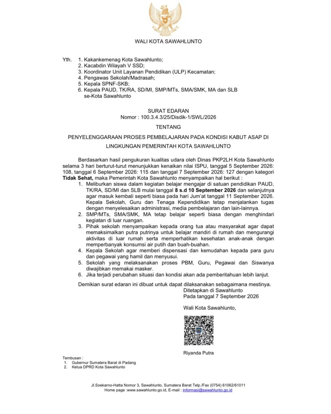 ISPU Tembus 127, Sawahlunto Liburkan PAUD hingga SD Selama Tiga Hari Akibat Kabut Asap