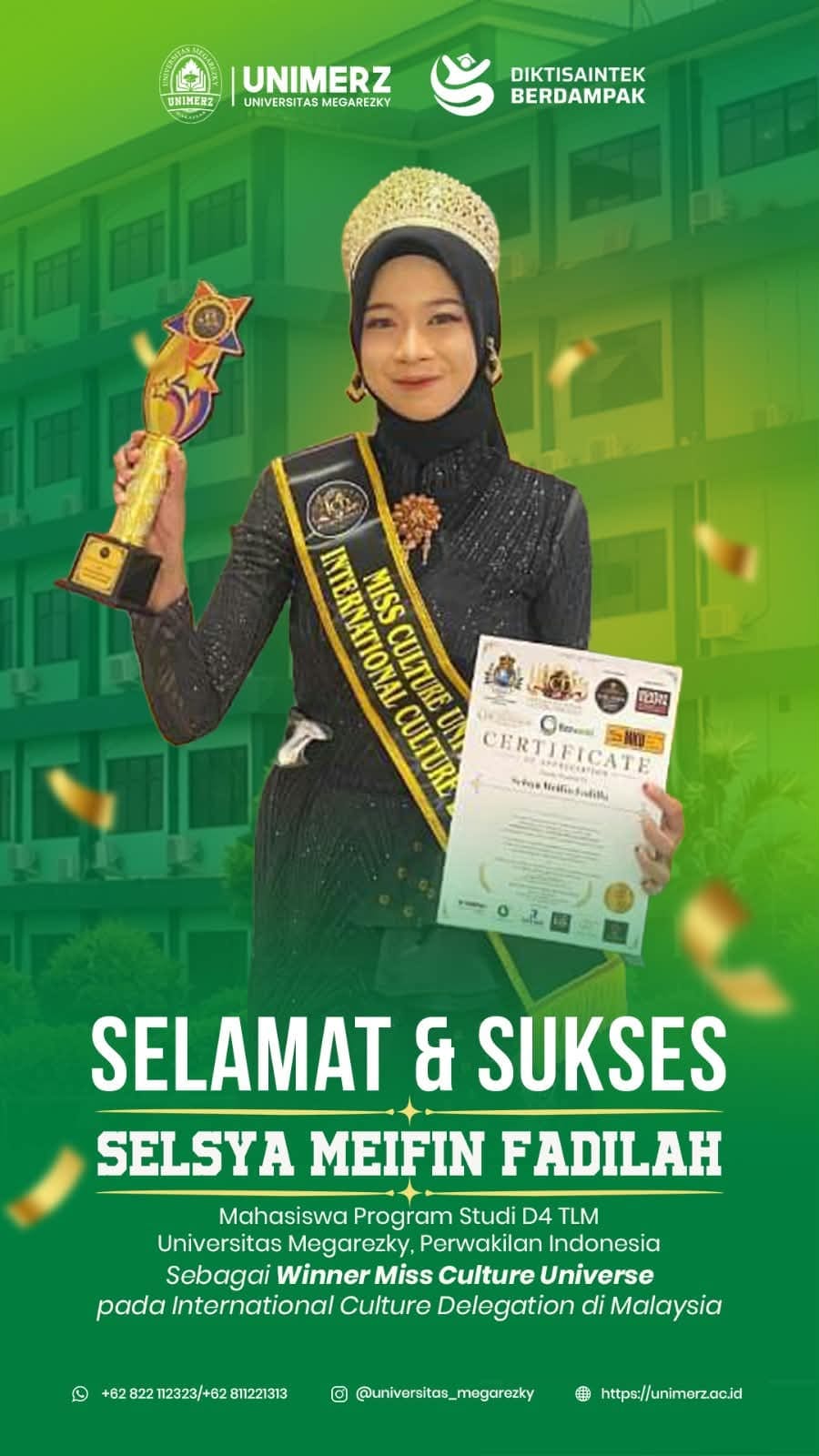 Mahasiswi Unimerz Bawa Nama Indonesia Meraih Juara 1 Miss Culture Universe di Malaysia