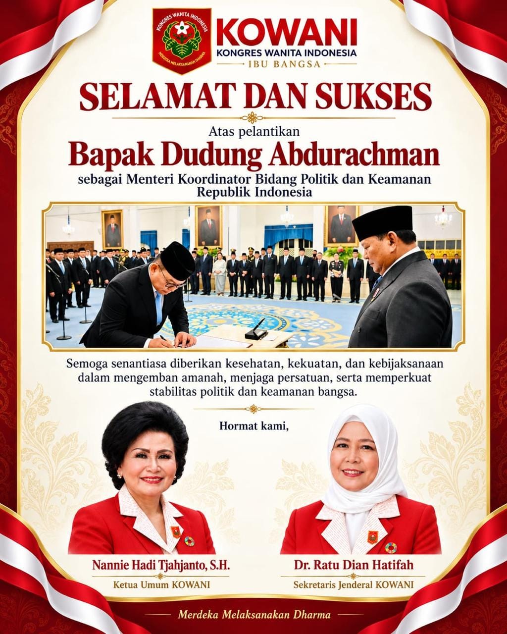 KOWANI Ucapkan Selamat Atas Pelantikan Dudung Abdurachman Sebagai Menko Polkam