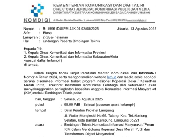 Kementrian Komdigi Akan Selenggarakan Bimtek Komunitas Informasi Masyarakat (KIM) di Lampung