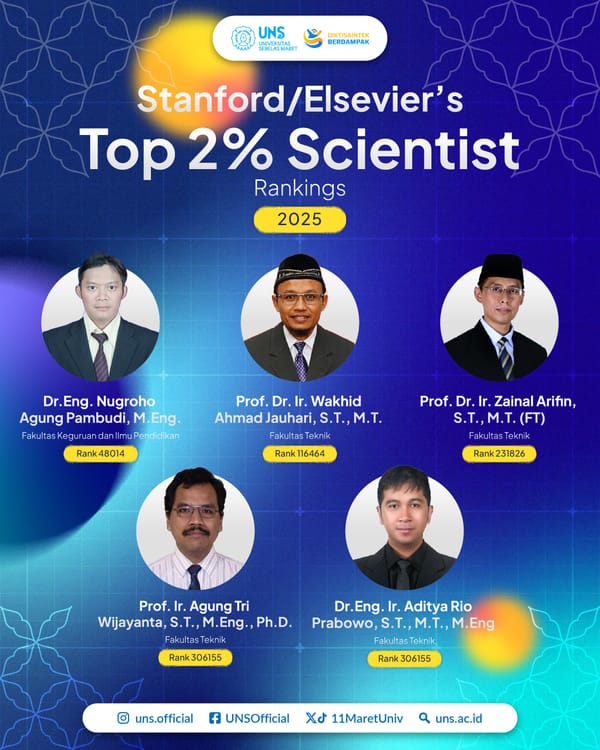 Lima Dosen UNS Masuk Stanford/Elsevier's Top 2% Scientist Rankings 2025