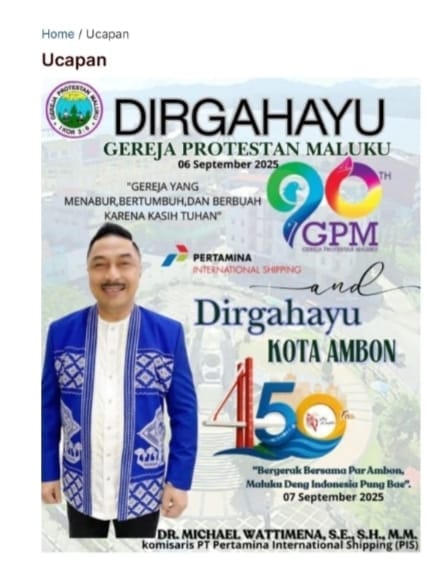 Komisaris PT Pertamina International Shipping, Michael Wattimena Mengucapkan Dirgahayu Gereje Protestan Maluku