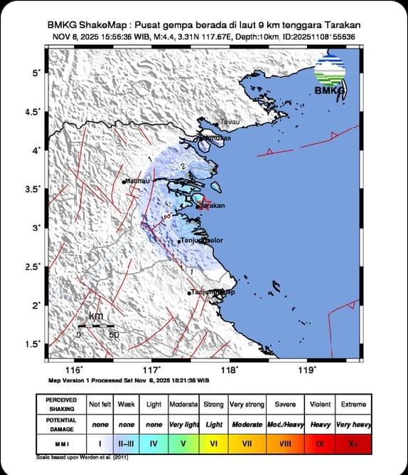 Tarakan Dilanda Gempa, Dengan Magnitudo 4.4 Berada di 9 km Tenggara Tarakan