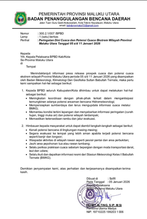 BPBD Maluku Utara Surati Kabupaten/Kota Antisipasi Kondisi Cuaca Ekstrem