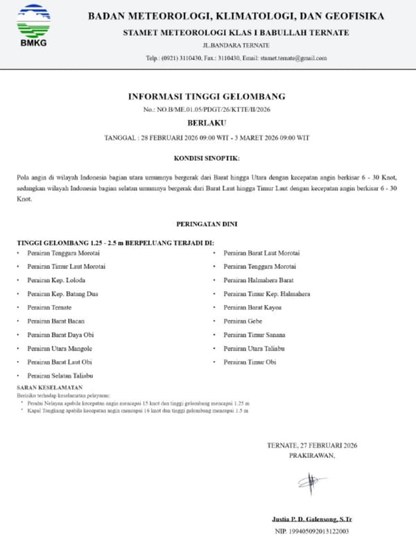 BMKG Keluarkan Peringatan Dini Gelombang Tinggi di Perairan Maluku Utara