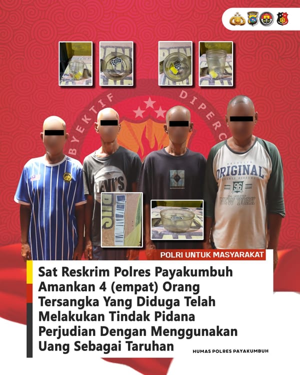 Sat Reskrim Polres Payakumbuh Tangkap 4 Orang Diduga Pelaku Judi "Song" di Kabupaten 50 Kota