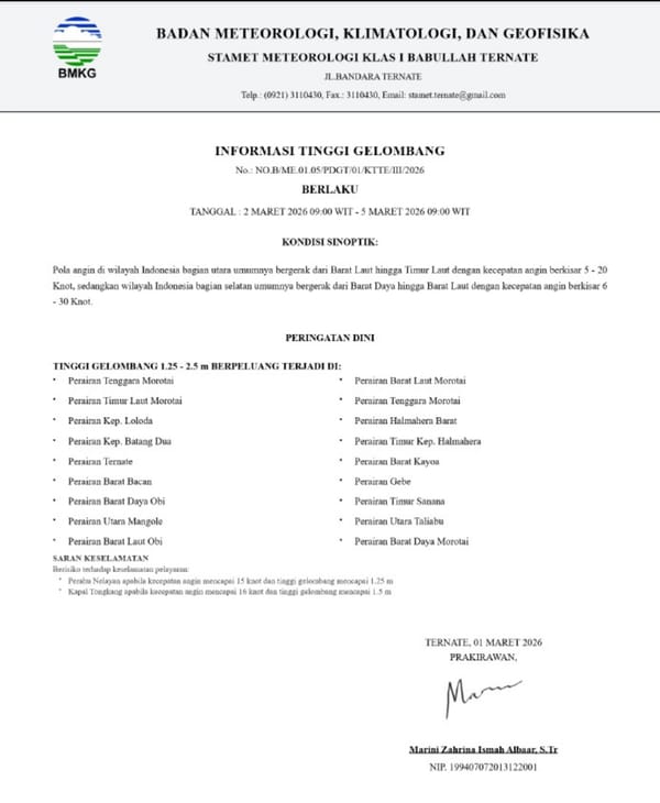 Peringatan Dini Dikeluarkan BMKG, Adanya Gelombang Tinggi di Perairan Maluku Utara