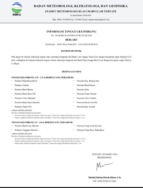 Gelombang Tinggi Menghantui Perairan Maluku Utara, BMKG Keluarkan Peringatan Dini