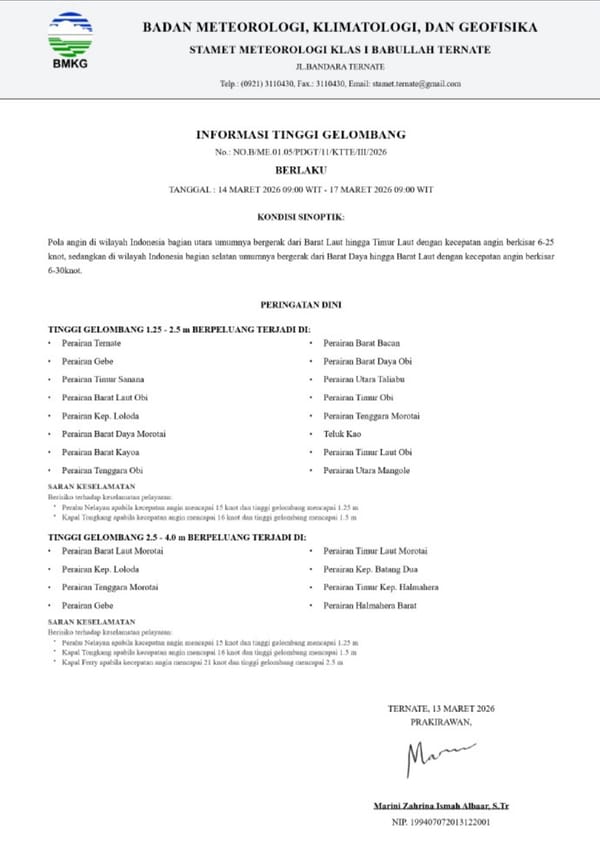 BMKG Keluarkan Peringatan Dini Gelombang Tinggi Masih Menghantui Perairan Maluku Utara