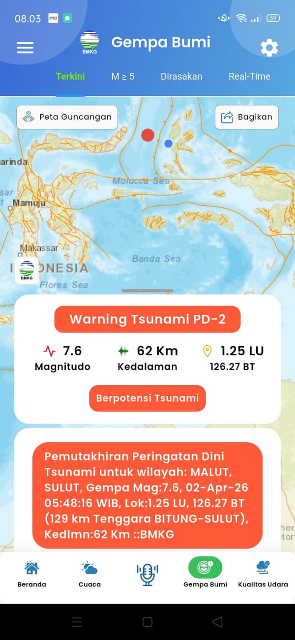 Gempa Magnitudo 7,6 Guncang Maluku Utara, Berpotensi Tsunami